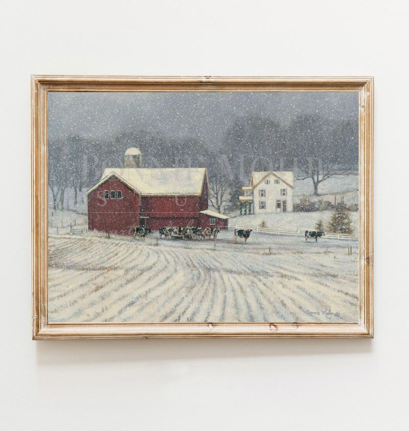 The Home Place print art featuring farm home, red barn, white