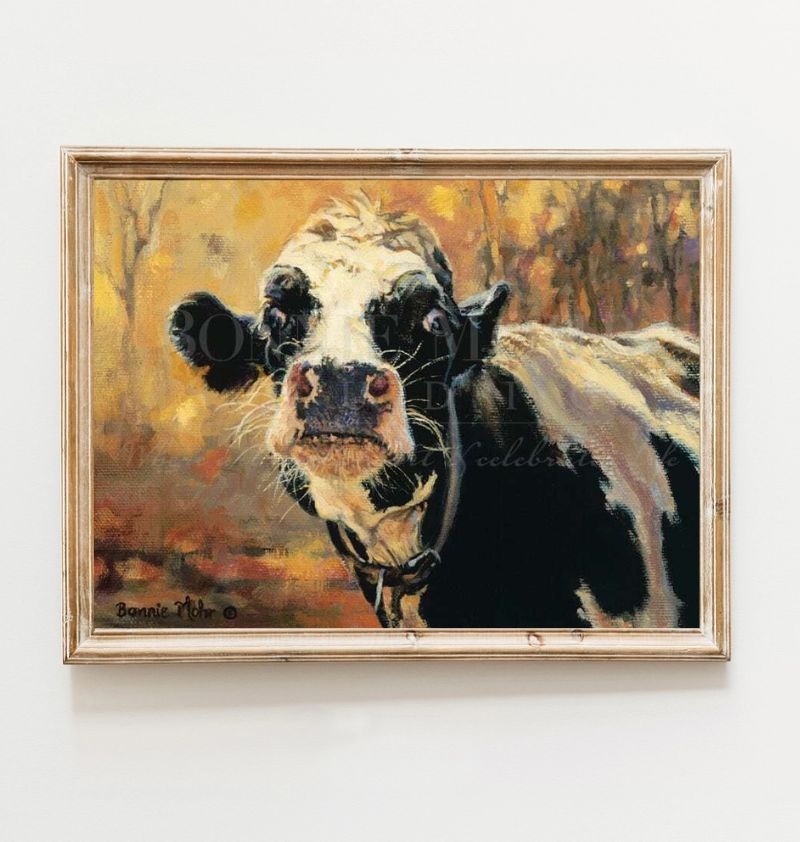 Face To Face Autumn print - art featuring an upfront Holstein cow