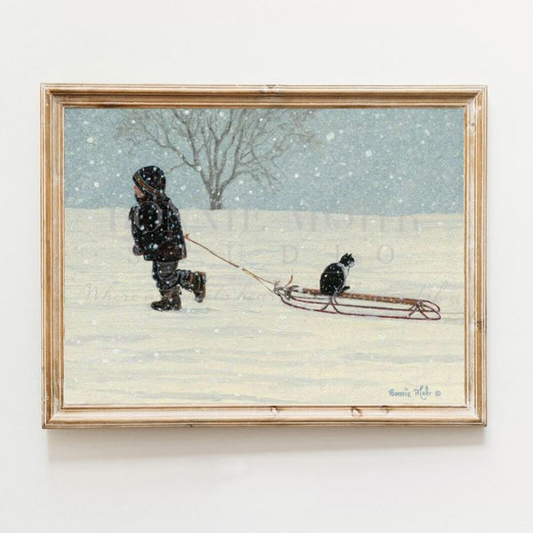 All Aboard print - Winter setting; young boy with sled and cat