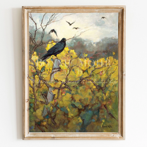 Crow in the Vineyard print - art featuring a crow in a vineyard